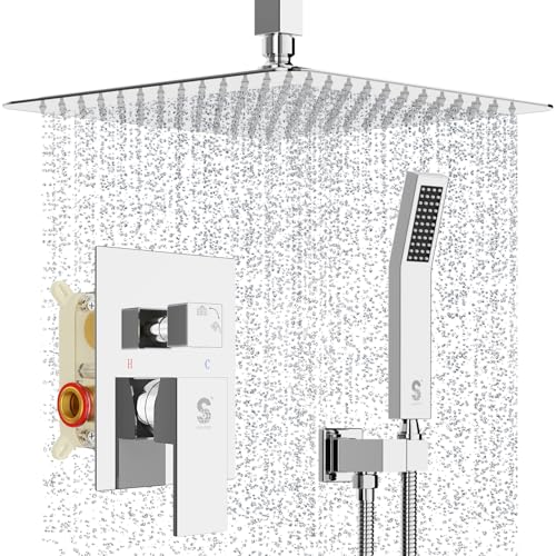 SR SUN RISE 12 Inch Ceiling Mounted Shower System Rain Mixer Combo Set Rainfall Shower Head System Faucet Trim Repair Kits Polished Chrome Rough-in Valve Body and Trim Included - color: Polished Chrome, style: 12 inch