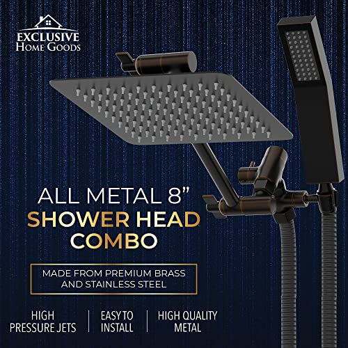 All Metal Shower Head 8" Dual Square Shower Head With Handheld Wand 71in Hose Set, High Pressure Rain Shower Heads Combo, 3-Way Diverter Rainfall Showerhead with Adjustable Extension Arm - color: Oil Rubbed Bronze, size: 8 Inches, 2.5 GPM