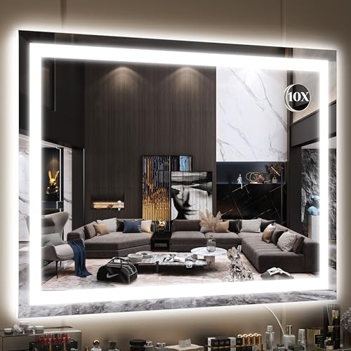 FENNIO Large Vanity Mirror with Lights，40" x 28"Makeup Mirror with Lights，Hollywood Mirror with 3 Color Modes & Adjustable Brightness，Vanity Mirror Square White - color: White, size: 40"L x 28"W