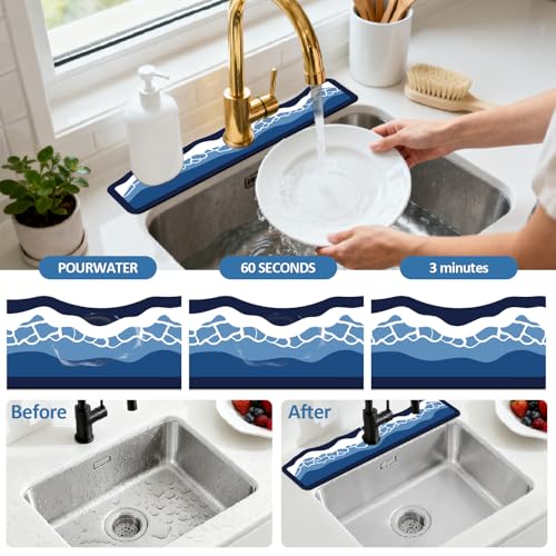 2Pcs Sea Waves Shape Kitchen Sink Splash Guard Faucet Mat Waves Pattern Faucet Mat For Bathroom Kitchen 5.51x23.62In - color: Sea Waves Shape