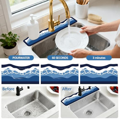 2Pcs Sea Waves Shape Kitchen Sink Splash Guard Faucet Mat Waves Pattern Faucet Mat For Bathroom Kitchen 5.51x23.62In - color: Sea Waves Shape