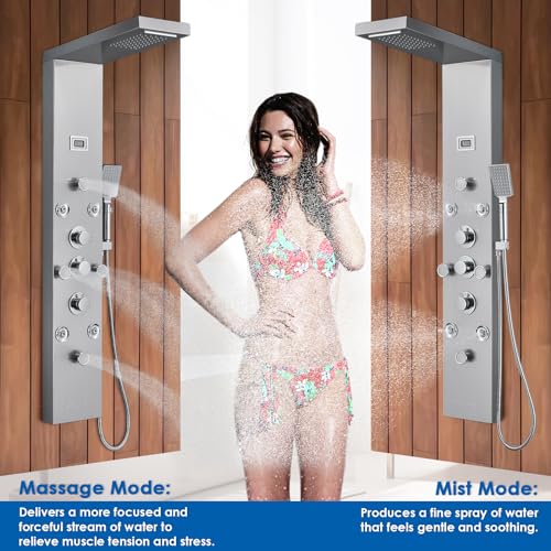 ROVOGO Shower Panel Tower System with 6 Shower Modes, Simultaneous Function | Rainfall Waterfall Shower Head, 2-Type Body Jets, Handheld, Tub Spout, Battery Powered Temp Display, Stainless Steel, Brushed