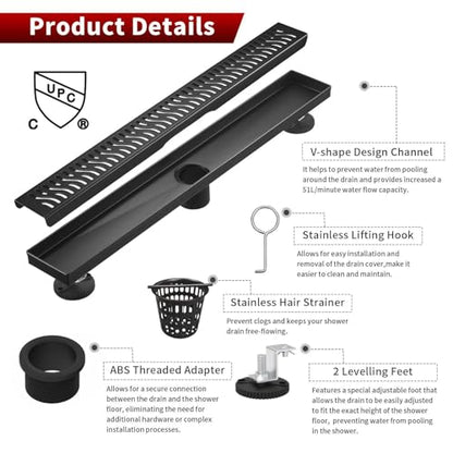 Sharp-tec Linear Shower Drain, 28 inch Shower Drain with Removable Pattern Cover, Matte Black 304 Stainless Steel Rectangle Floor Drain, Adjustable Feet and Hair Strainer Included - color: Matte Black, size: 28 inch