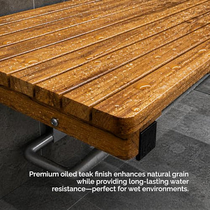 Teak Folding Shower Bench – ADA Compliant Fold Up Shower Chair for Elderly and Disabled, Wall Mounted Folding Seat, 400 lb Capacity Foldable Teak Wood Bath Bench, Stainless Steel Hardware - 24 Inches - size: 24 Inches