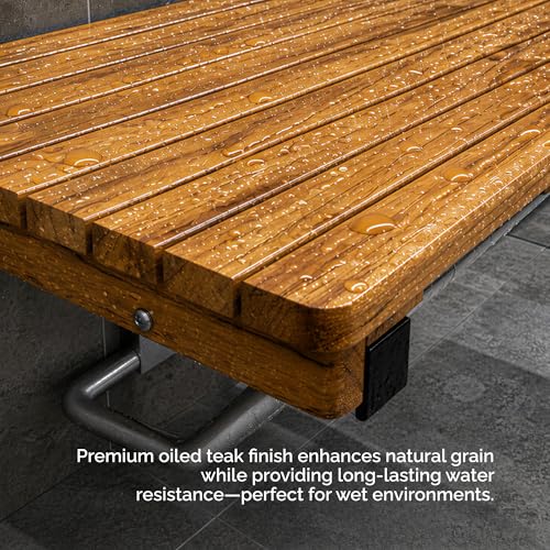 Teak Folding Shower Bench – ADA Compliant Fold Up Shower Chair for Elderly and Disabled, Wall Mounted Folding Seat, 400 lb Capacity Foldable Teak Wood Bath Bench, Stainless Steel Hardware - 18 Inches - size: 18 Inches