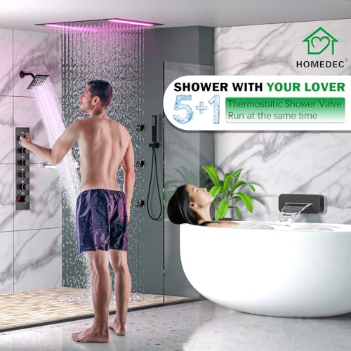 HOMEDEC 14x20inch and 6inch Shower Heads System with Bathtub Spout, 5 Way Diverter Valve, Handheld and 6 Body Jets Luxury Shower Set, Black - color: Black, style: 5-Way + 1x 6" Top + Spout