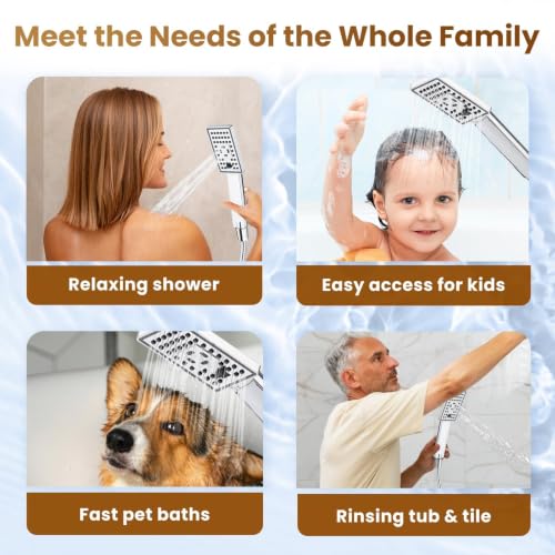BRIGHT SHOWERS Rain Shower Head with Handheld Spray, 8 Inch High Pressure Rainfall Shower Head Combo with 60” Hose, Adjustable Dual Square Showerhead with 3-Way Diverter, Wall Bracket, Chrome - color: Chrome, style: Dual Shower Head