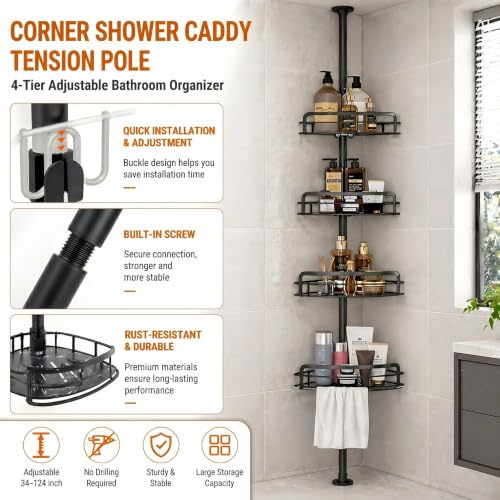 BOXIN Corner Shower Caddy Tension Pole, Black