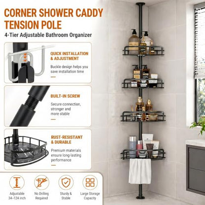 BOXIN Corner Shower Caddy Tension Pole, Black