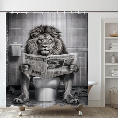 Funny Lion Shower Curtain, Fancy Humor Leo Animal on Toilet Shower Curtains Set, Black and White Funky Shower Curtains, Large Cat Man Grey Bathroom Curtain 72x72 inch | Fancy Humor Leo Animal on Toilet Shower Curtains Set, Funky Shower Curtains , Large Ca