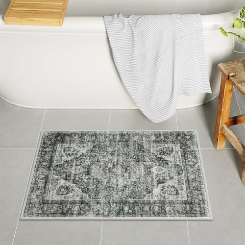 Uphome Boho Bathroom Rugs, Distressed Farmhouse Brown Bath Mat, Comfy Velvet Small Bath Rugs Non Slip Washable, Vintage Oriental Toilet Rug for Sink Shower Vanity, 18x26 inch - color: Brown, size: 18 x 26 inch (Rectangular)