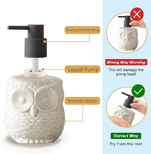 Owl Ceramic Liquid Soap Dispenser - 15.2oz Refillable for Bathroom Countertop, Kitchen, Essential Oil, Lotion - Hand and Dish Soap Foam Dispenser - color: Liquid-owl
