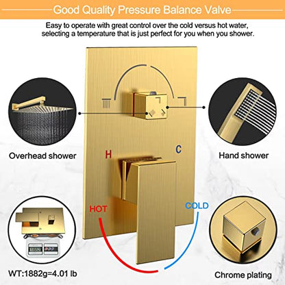 Brushed Gold Rain Shower System Faucet Set with Handheld, 10 inch | Solid Metal Wall Mount Rainfall Shower Set with Safe Anti-Scald Valve, Air Injection High Pressure Water Saving Combo - color: Brushed Gold, style: 10in without Tub spout