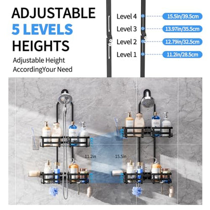 Aluminum Shower Caddy Hanging, Never Rust Shower Organizer | 4 Levels with adjustable Height 10 Hooks for Razor/Sponge - Rack with Soap Basket (Black-1) - color: Black-1