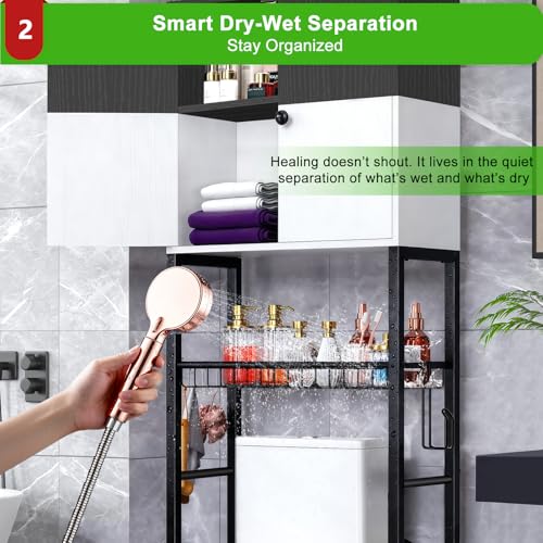 Over-The-Toilet Storage Rack, 4-Tier Bathroom Organizer Shelf Over Toilet with Barn Doors Cabinet and Basket, Freestanding Space Saver Bathroom Shelves with Paper Holder Above Toilet (Black & White) - color: Black White