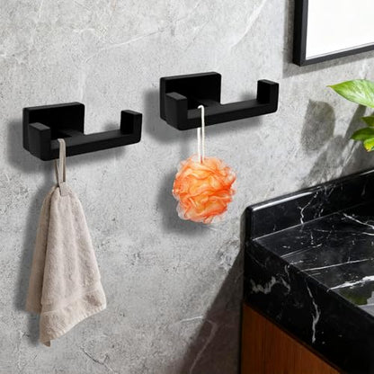 Double Towel Hook, Wall Mount, Matte Black | 304 Stainless Steel, Rust-Resistant, 2-Prong, 2.76" Hook Depth, for Bathroom/Kitchen/Pool, Rectangular Grip Prevents Slipping