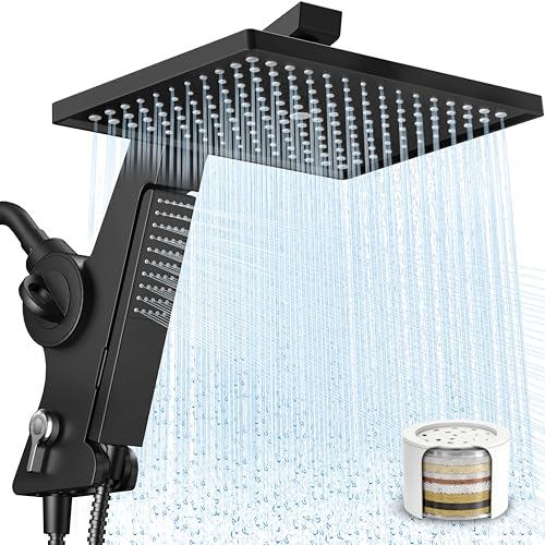 MakeFit Filtered Rain Shower Head with Handheld Combo High Pressure 12'' Rainfall Shower Heads & Hidden Detachable Wand Dual Showerhead Water Softener for Hard Water Easy Filter Replacement - color: Matte Black