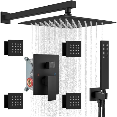 gotonovo Rainfall Shower System with Full Body Jets 4pcs Matte Black | 12’’ Rainfall Shower Head with Handheld Spray Combo,Wall Mount,Rough-in Valve and Trim Kit,Brass Body Message Jets,All Metal - color: Black