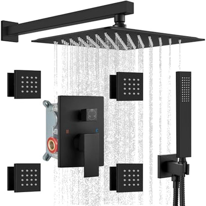 gotonovo Rainfall Shower System with Full Body Jets 4pcs Matte Black | 12’’ Rainfall Shower Head with Handheld Spray Combo,Wall Mount,Rough-in Valve and Trim Kit,Brass Body Message Jets,All Metal - color: Black