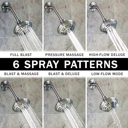 6 Function Luxury Shower Head - 2.5 GPM - Brushed Nickel | High Pressure Boosting, Adjustable, Wall Mount, Bathroom Showerhead With Anti-Clog Nozzles, Best For Low Flow Showers - color: Brushed Nickel, size: 2.5 GPM