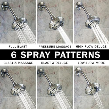 6 Function Luxury Shower Head - 2.5 GPM - Brushed Nickel | High Pressure Boosting, Adjustable, Wall Mount, Bathroom Showerhead With Anti-Clog Nozzles, Best For Low Flow Showers - color: Brushed Nickel, size: 2.5 GPM