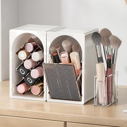 INVSSENE Stackable Makeup Organizer Countertop, Storage Perfume Skincare Cosmetic Lipstick Face Mask Makeup Brush Palettes, Ideal for Vanity Bathroom Counter - color: 3513 White+Coffee