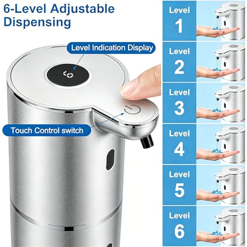 Automatic Soap Dispenser, Hand Soap Dispenser 12.8oz/380ml Smart Rechargeable, Liquid Soap Dispensers with 6-Level Touchless, Wall Mounted or Countertop Dish Soap Dispensing for Bathroom & Kitchen - color: Silver