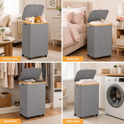 Laundry Hamper with Wheels and Lid 75L, Removable Inner Bag, Collapsible, Grey - color: Grey, size: 75L