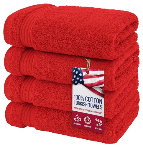 American Veteran Towel, Hand Towels for Bathroom Set of 4, 100% Cotton Turkish Hand Towel Sets, Soft Hand Face Towels, Red Hand Towels - color: Red