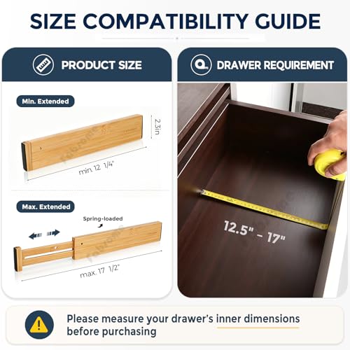 Fabsome Drawer Divider 6 Pack, Bamboo Dresser Organizers for Clothes Socks Underwear Baby Clothing, Wooden Separators for Nursery Organization Adjustable from 12.5'' to 17'' with Soft Foam Ends - size: For 13-17in deep drawers inner size