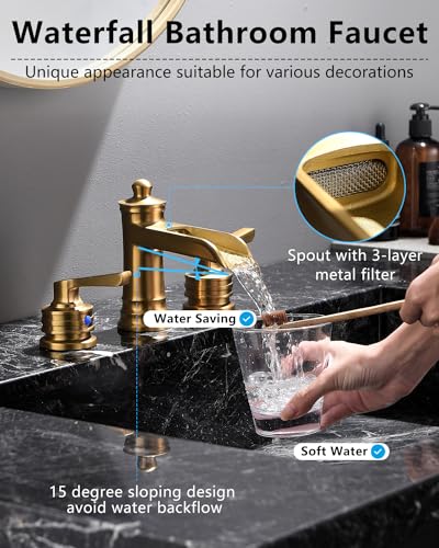 Fapully Brushed Gold Bathroom Sink Faucet, Waterfall Bathroom Faucets 3 Hole, 8 Inch Widespread Bathroom Faucet with Pop-up Drain, 2-Handle Faucet for Bathroom Sink Vanity RV - color: Brushed Gold
