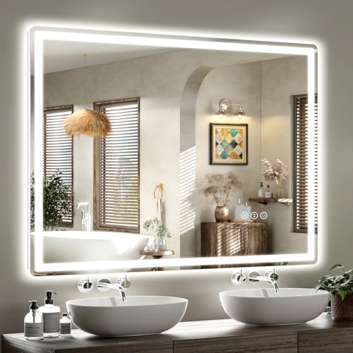 SMIROR 48x36 LED Lighted Bathroom Vanity Mirror with Lights for Wall | Front Lit and Backlit, Rounded-Corner Rectangle, 3 Color, Anti-Fog, Memory, Tempered Glass, UL, Horizontally/ Vertically - color: Frameless, size: 48"L x 36"W