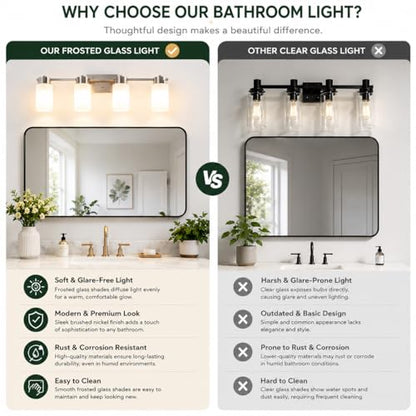 4-Light Bathroom Vanity Light, Brushed Nickel Vanity Light with Frosted Glass Shades, E26 Base Bathroom Light Fixture, Dimmable, Up or Down Wall Mount Lighting for Bathroom Mirror - color: Brushed Nickel