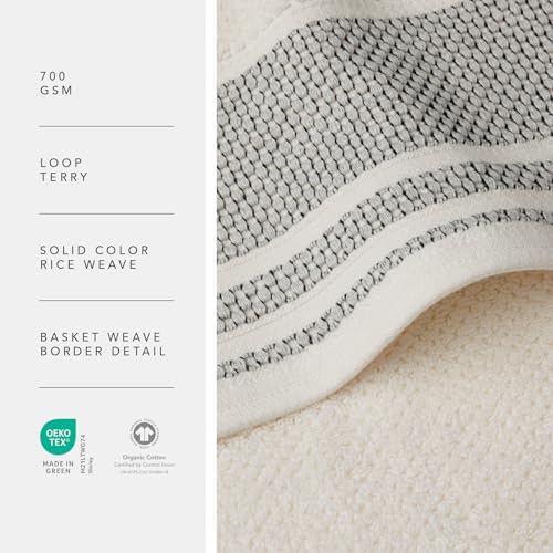 Texere 100% Organic Cotton Rice Weave Jacquard 700 GSM Luxury Bath Towel Set - 2 Large Bath Towels, 2 Hand Towels, 2 Washcloths (Rice Weave, Cream w/Blk, 6 Piece) - color: Cream W/ Black Contrast (Rice Weave)