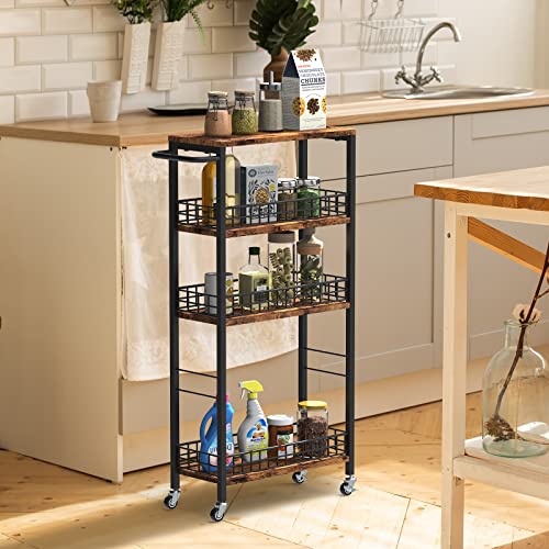 NOVIMANGO Slim Storage Cart Rolling Kitchen Cart with Wheels 4 Tier Bathroom Cart Narrow Laundry Storage Utility Cart Trolly Cart with Handle for Small Spaces, Brown - color: Brown