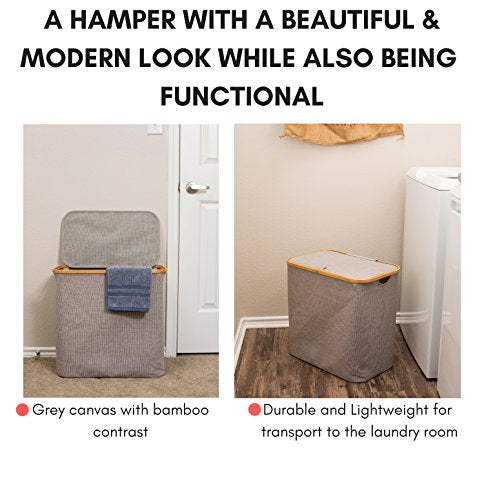 BirdRock Home Bamboo & Canvas Hamper | Single Laundry Basket with Lid | Foldable Hamper | Cut Out Handles