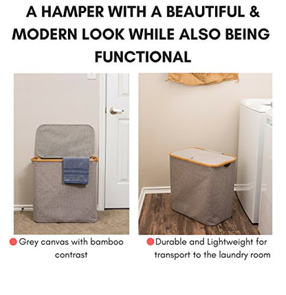 BirdRock Home Bamboo & Canvas Hamper | Single Laundry Basket with Lid | Foldable Hamper | Cut Out Handles