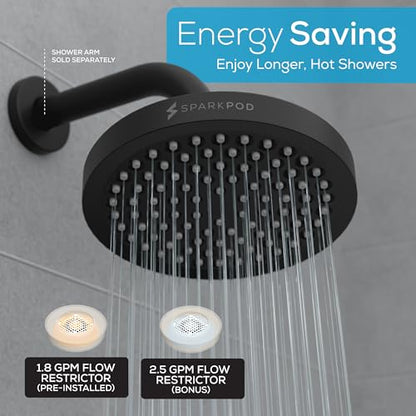 SparkPod Rain Shower Head, 6 Inch Round, Midnight Black Matte Finish | High Pressure Shower Heads, 90 Nozzles, Adjustable Showerhead, No Tools Needed, Universal Connection - color: Midnight Black Matte, style: 6 Inch Round