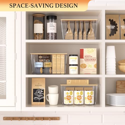 CiWiVOKi 6 Pack Clear Stackable Storage Bins with Bamboo Lids, Trash Bag Holder Dispenser Under Sink Organizer for 4-13 Gal Bags, Plastic Storage Containers for Pantry Bathroom Kitchen Organization - size: 6 Pack