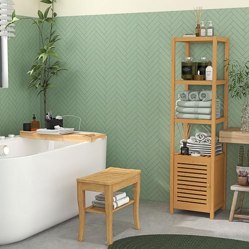 HOMCOM Long Bamboo Shower Bench Seat, 20" Tall Wooden Spa Shower Stool | Underneath Storage Shelf, Shoe Organizer