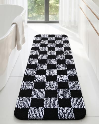 LOCHAS Long Bathroom Runner Rug 48×17, Checkered Bath Mat Non Slip, Black | Rubber Backing Absorbent Machine Washable, Microfiber Carpet for Kitchen Bedroom Entryway - color: Black, size: 48" x 17"