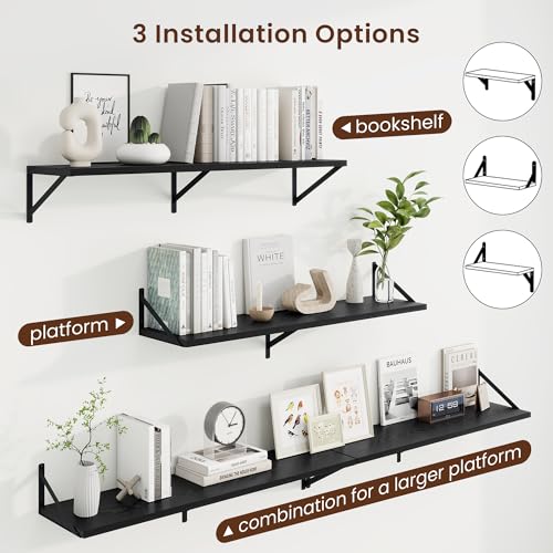 Deep Floating Shelves, 40'' x 10'' Black Wall Shelves Set of 2 | 10 Inch Deep Shelves with Heavy Duty Brackets, Rustic Wood Shelves for Bathroom Living Room, Engineered Wood, 40LBS - color: Black, size: 40W x 10D