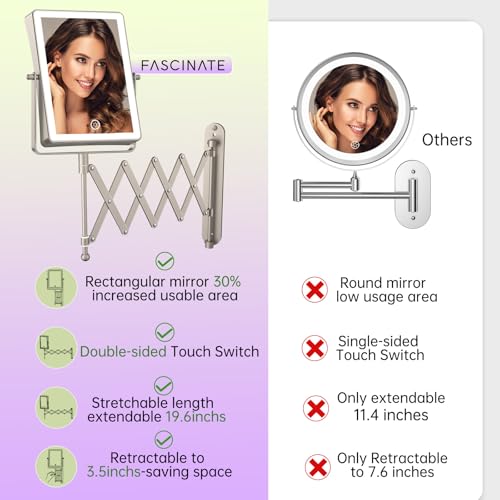 FASCINATE 8.7" 5000mAh Rechargeable Wall Mounted Makeup Mirror (Nickel) | Double Sided Touch Switch 1X 30X Magnifying Bathroom Mirror, 3 Color Lights, Extended Arm 360°Rotation - color: Nickel B