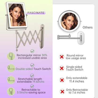 FASCINATE 8.7" 5000mAh Rechargeable Wall Mounted Makeup Mirror (Nickel) | Double Sided Touch Switch 1X 30X Magnifying Bathroom Mirror, 3 Color Lights, Extended Arm 360°Rotation - color: Nickel B