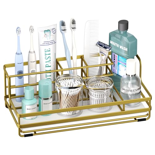 HapiRm Toothbrush Holders for Bathroom - 5 Partitions Bathroom Counter Organizer with Instant Drying Stone, Stainless Steel Countertop Storage Electric Toothbrush Toothpaste Holder - Gold - color: Gold