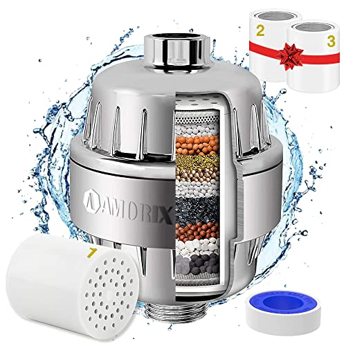 High Output Chrome 15 Stage Shower Head Filter for Hard Water | Reduces Chlorine, Soothes Dry Skin & Itchy Scalp - Includes 3 Replaceable Filter Cartridges - color: Chrome, style: Filter with 3 Cartridges