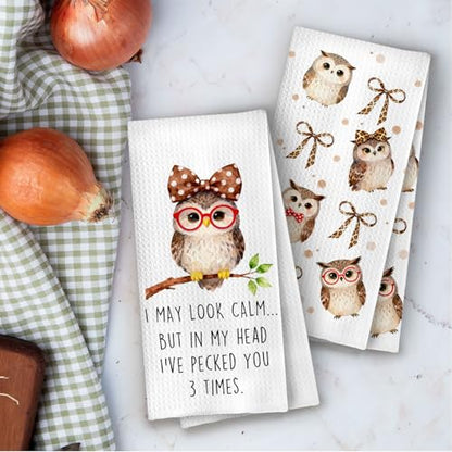 Owl Gifts Kitchen Towels Set - Owl Leopard Bow Decorative Waffle Dish Towels, Funny Bird Gifts Hand Towel, Bird Watching Gift Tea Towel, 16x24 Inch Set of 2 - color: Owl