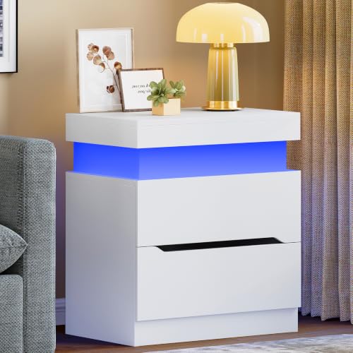 Nightstands Set of 2, Night Stand with 2 Drawers, Nightstand with App-Controlled Adjustable LED Light, Bedside Table with Slidable Hidden Storage Space, Modern Nightstands for Bedroom,White - color: Unbzx031wd2-zf