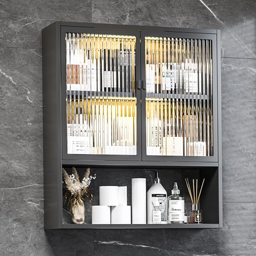 Bathroom Cabinet Wall Mount,Metal Medicine Cabinets with Glass Doors and LED Light,Wall Cabinet Over The Toilet,Black Hanging Cabinet for Bathroom Laundry Room Kitchen - color: Black