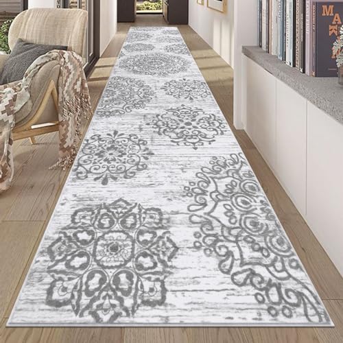 HEBE Hallway Runner Rug 2'8''x14', Washable Non Slip Kitchen Rug Runner | Soft Boho Bedroom Runner Rug, Vintage Distressed Low-Pile Floor Carpet Runners for Hallway, Entrance, Bathroom, Laundry - color: Grey, size: 2'8" x 14' (Rectangular)